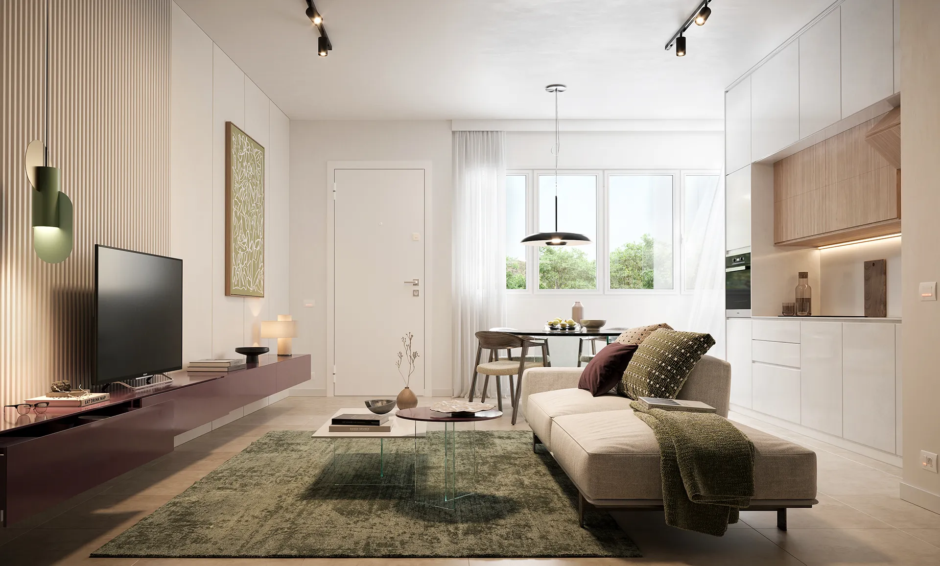 Soggiorno con cucina a vista e arredi contemporanei di un bilocale Le Talee