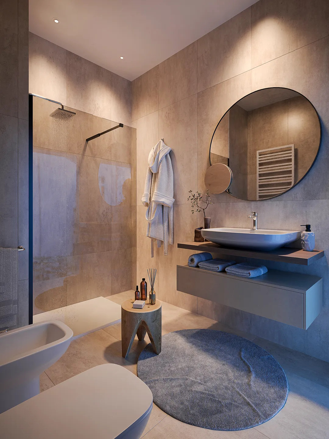 Bagno moderno con doccia, sanitari sospesi e finiture dai toni naturali